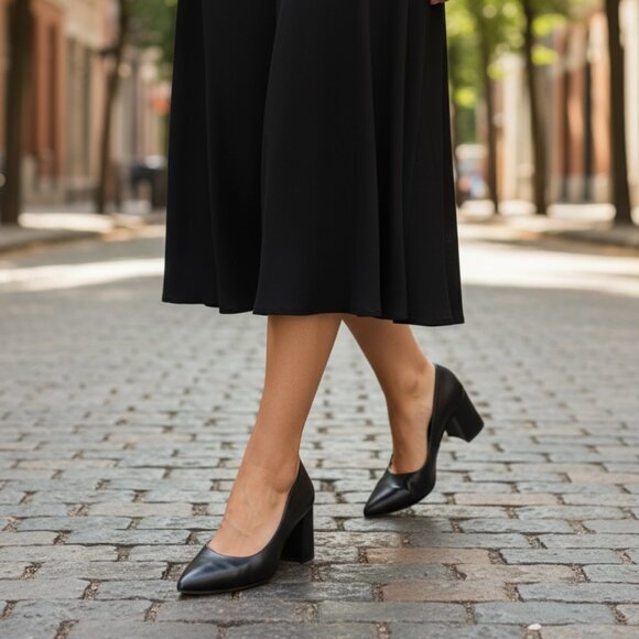 Via Spiga Guervie Black Leather Block Heel Pointed Toe Pumps Shoes Sz 8.5 #177H - Picture 3 of 9
